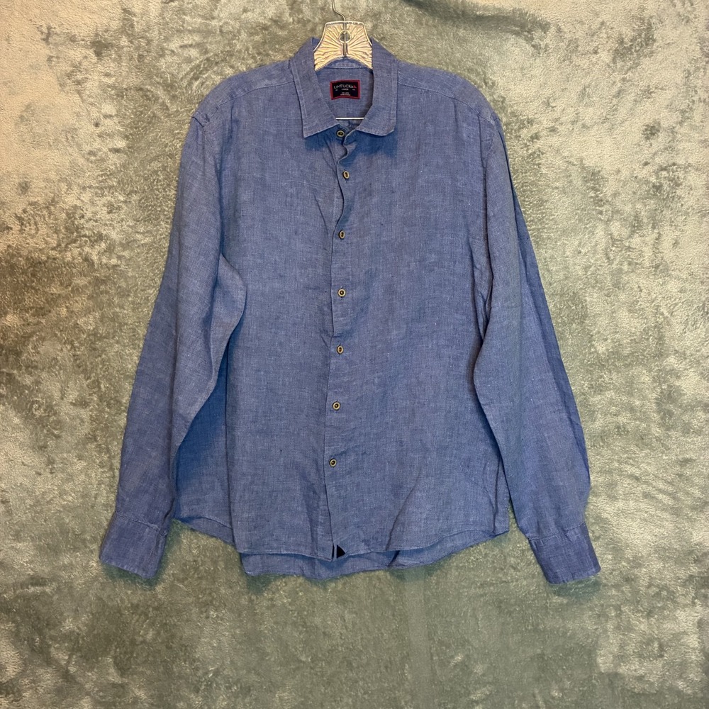 Untuckit Mens 100% Linen Blue Button Up Shirt L Quiet Luxury Preppy Coastal
